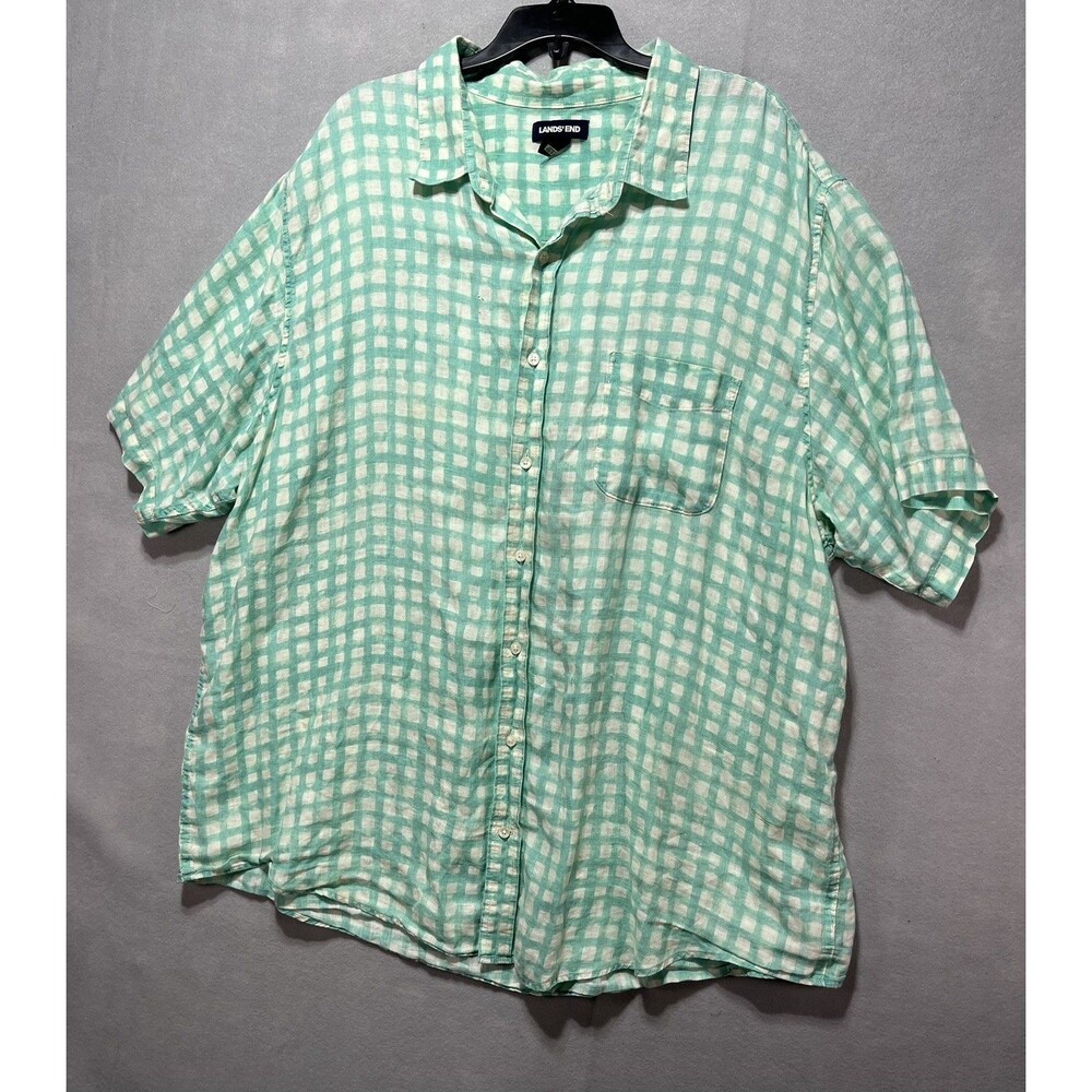 Lands' End Unisex Adults 3XT Tall Green/White Check Linen Button-Up Shirt